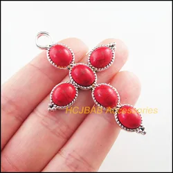 2Pc Retro Tibetan Silver Red Cross Charms Pendants 40.5x61mm