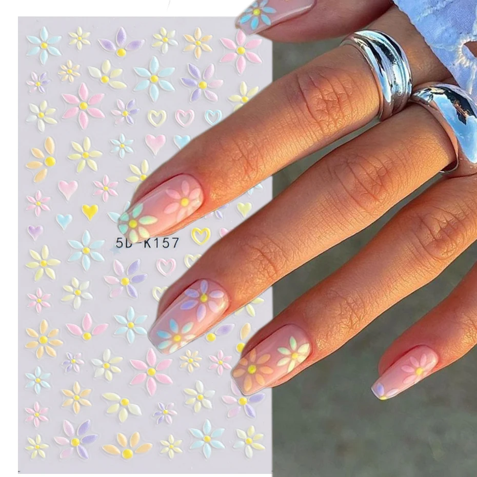 Adesivi per unghie 5D fiori cuore 3D decalcomanie per Nail Art in rilievo primavera Cute Bear Rabbit Sliders decorazioni accessori per Manicure
