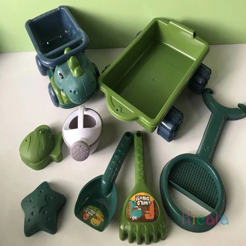 Jouets de plage dinosaure, ensemble de bac à sable, jouets d'extérieur pour creuser du sable, camion à benne basculante dinosaure avec pelle, râteau, arrosoir et moules à sable