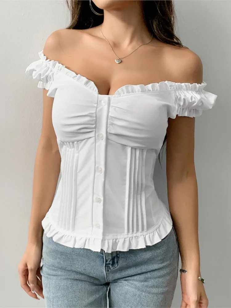 

Женская однотонная блузка с оборками, модная рубашка с V-образным вырезом на пуговицах, топы для женщин, повседневная одежда для отдыха и улицы, Y2K, женская одежда, новинка лета