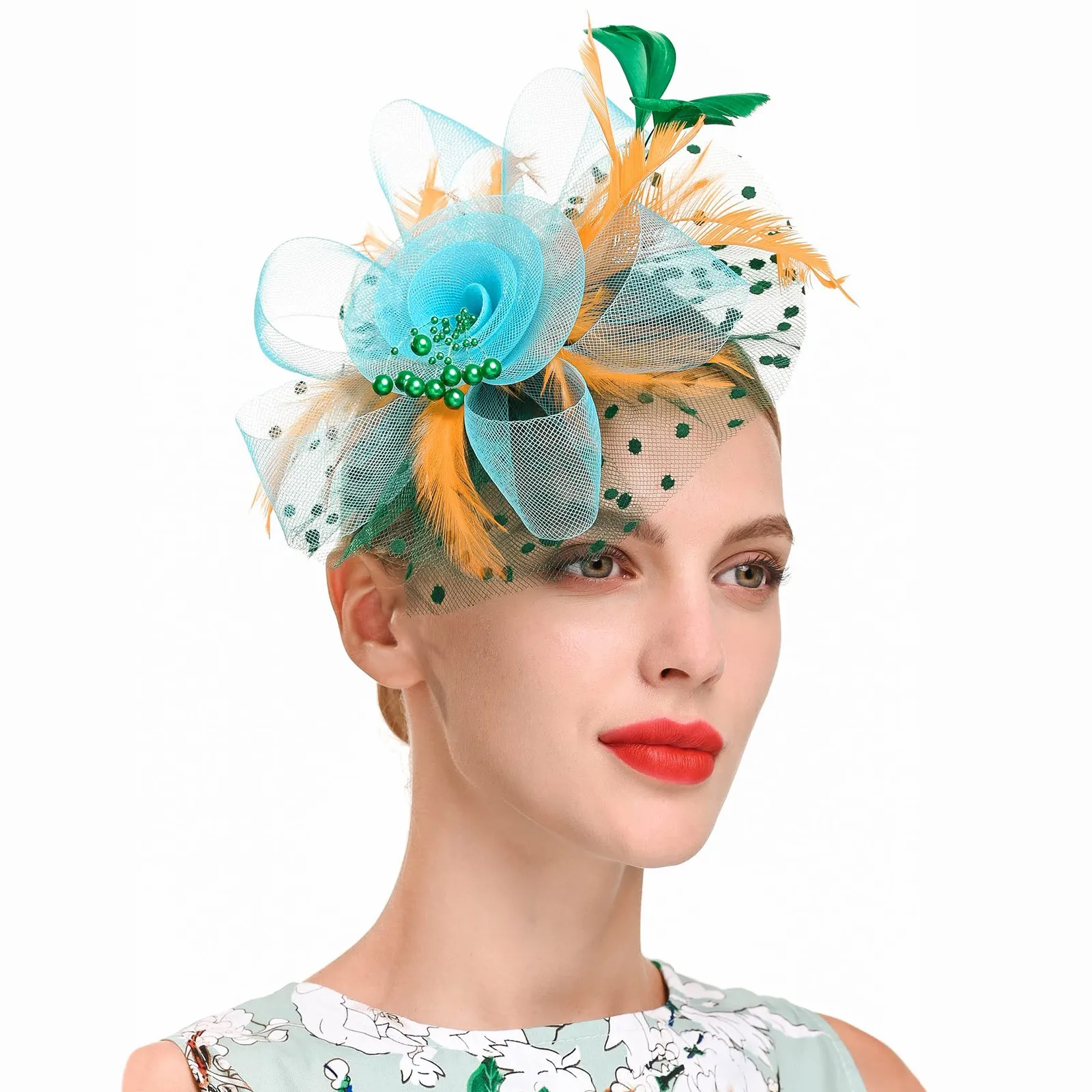 Vintage Women Feather Flower Fascinator Hat Ladies Hair Accessories Wedding Party Floral Mesh Veil Headband Hairpin