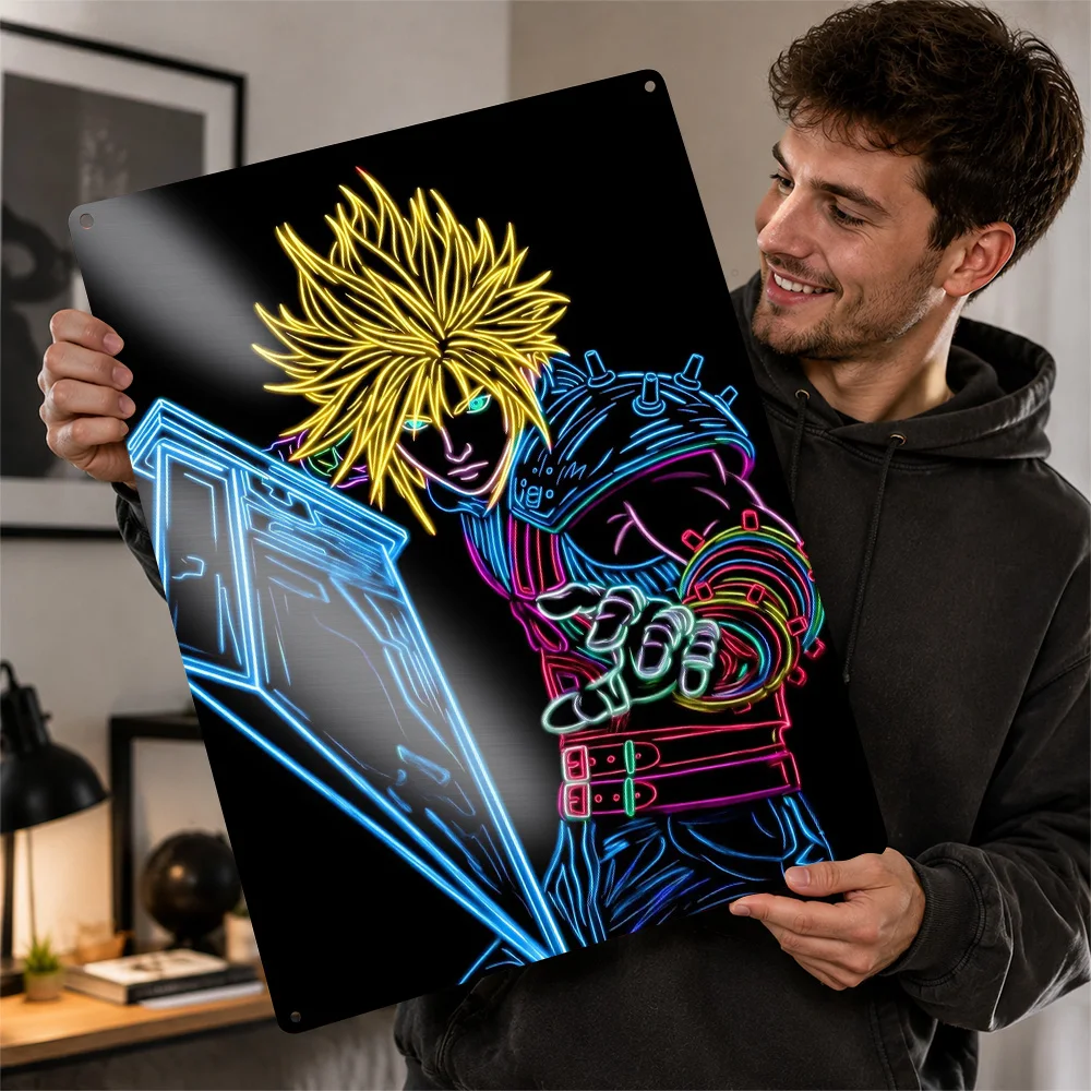 Neon Cloud Strife Final Fantasy Art 3D Printed Texture Poster Personalized Wall Art Retro Metal Tin Signs for Garage Accessories