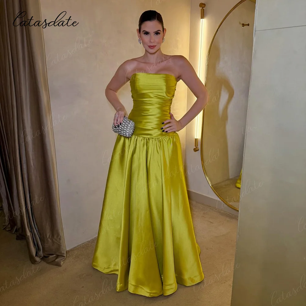 

Catasdate Satin Evening Party Dress Strapless Pleats Prom Dress Wedding Guest Dress Formal Occasion Dress for Women Customized