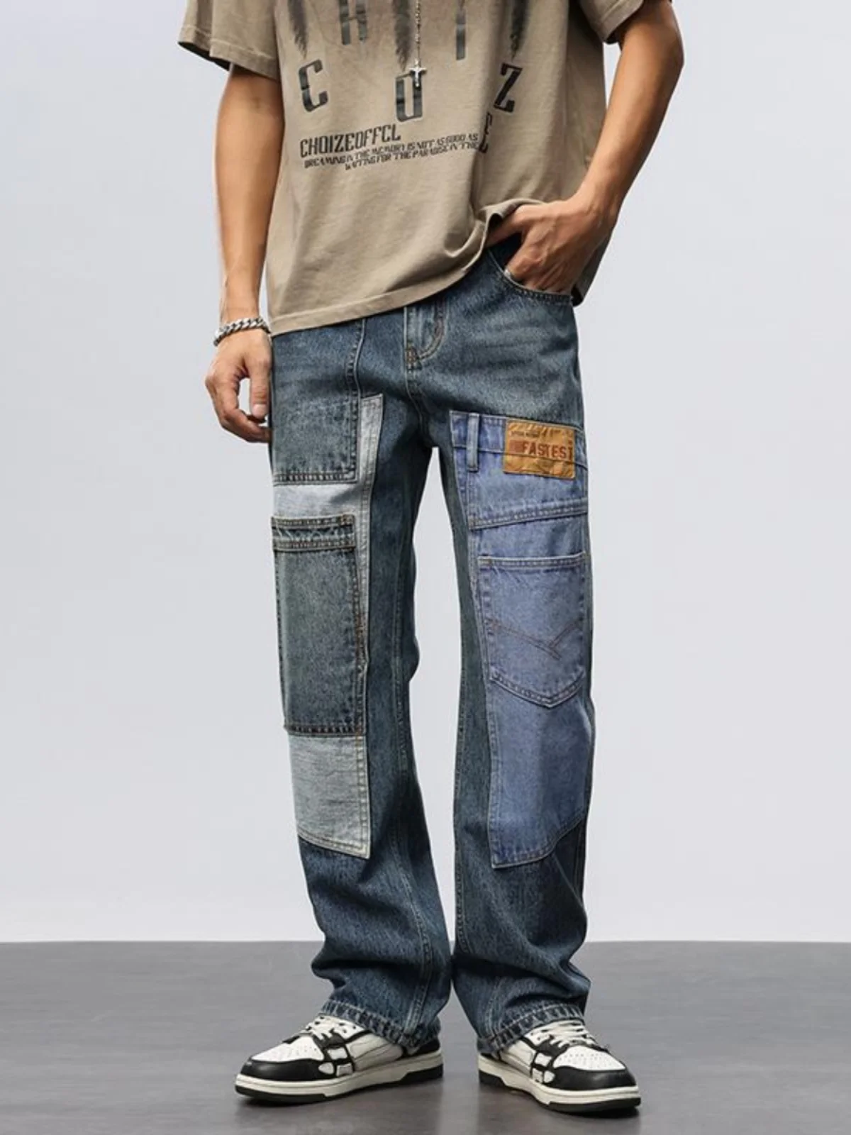 

Retro American Waed Denim Jeans Men's Design Color Blo Loose Straight Casual Long Trousers Trendy Brand