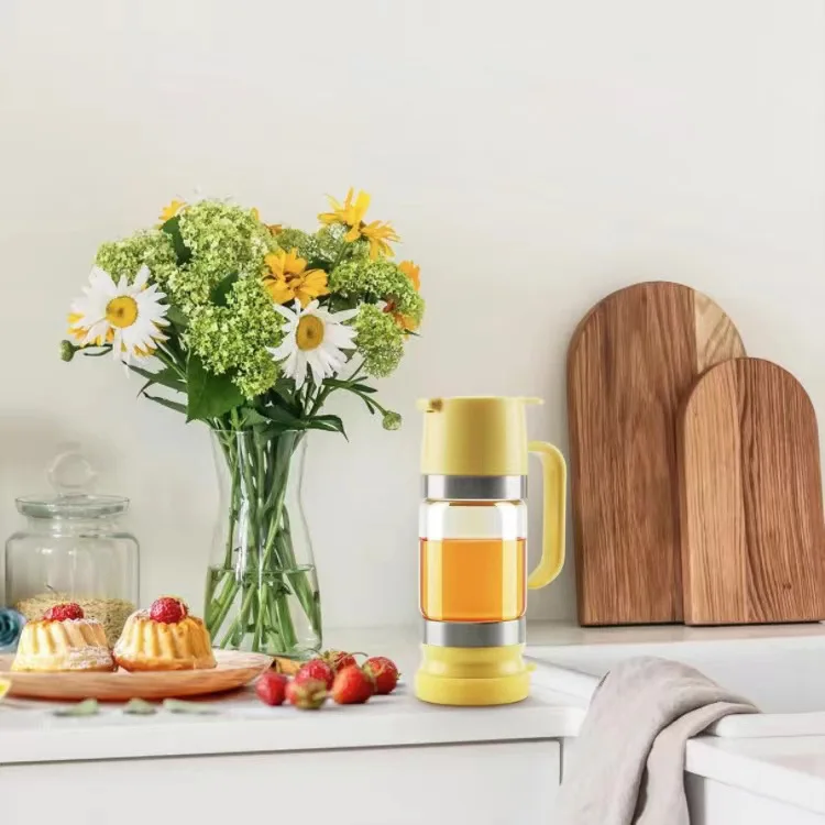 One Hand Press Glass Oil Dispenser Leak Proof Cooking Oil Bottle with Handle Transparent Glass Oil Container for Kitchen Baking