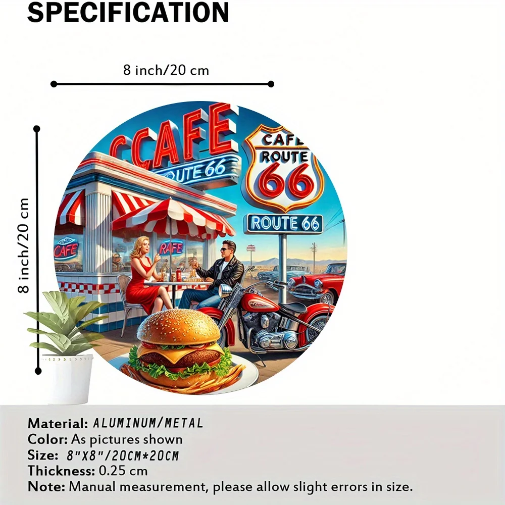 Vintage Route 66 Metal Wall Art Plaque - Retro Diner & Classic Car Scene with Route 66 Sign, 8x8 Inch Round Aluminum Decorative