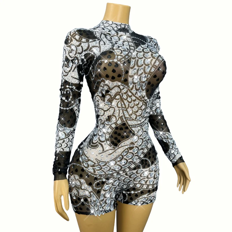 フルラインストーンメッシュボディスーツ女性ジャズダンス衣装コスプレゴーゴー衣装バー DJ DS ナイトクラブポールダンス衣装 XS10131