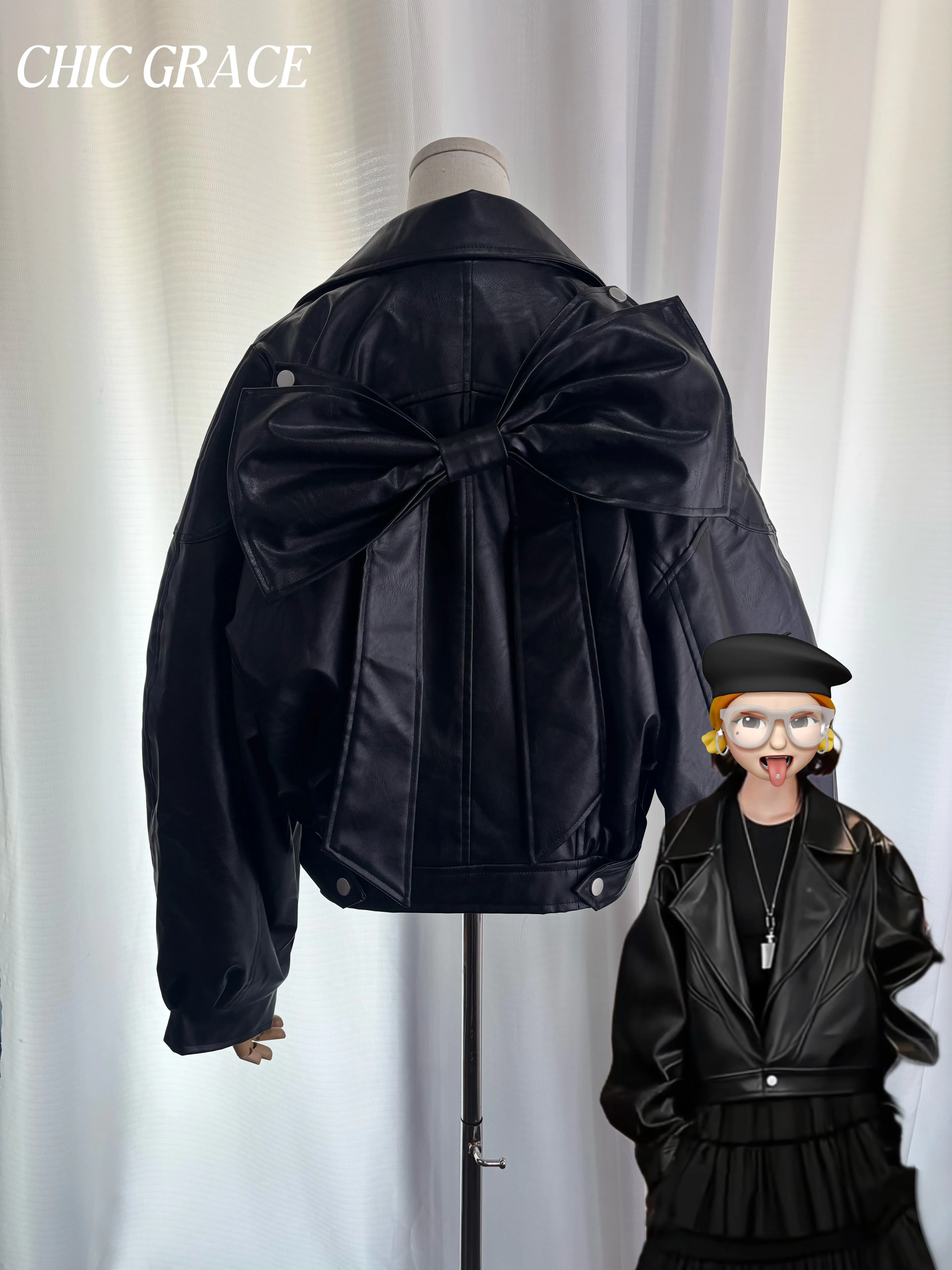 Real Shot 2025, Herbst-Neue Schwerindustrie-Lederjacke mit Schleife für Damen, lockere, übergroße, lässige Langarm-Oberbekleidung, edgy Chic F