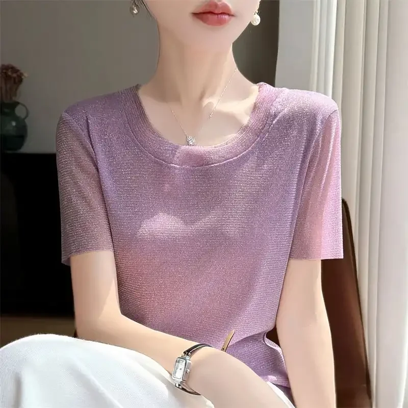 

Elegant Women's Short Sleeve Round Neck T-Shirt Regular Fit Solid Color Summer Office Wear Knit Fabric Medium Stretch Casual Sty