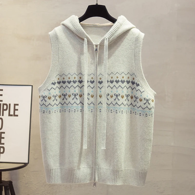 Hooded Zip Up Knit Vest for Women 2026 Autumn Vintage Fair Isle Pattern Sleeveless Cardigan Casual Loose Sweater Waistcoat