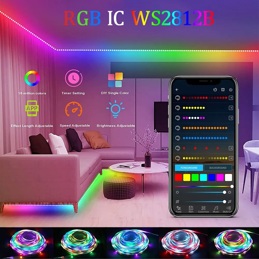 DC 5V 3M LED Strip Lights RGBIC WS2812B Phantom Bluetooth APP Remote Control PC TV Living Room Atmosphere Light Room Decoration