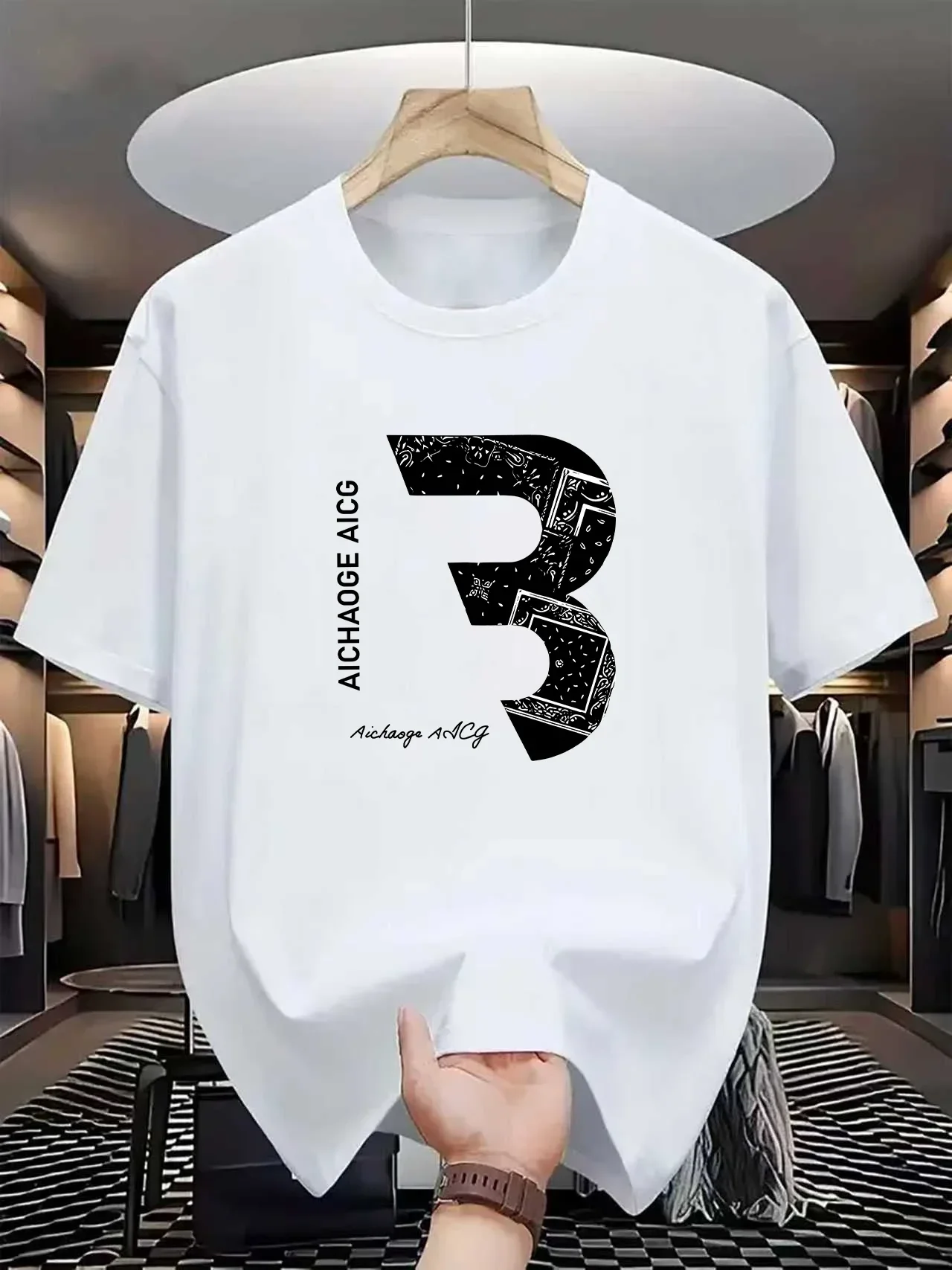 

Number Bandana Print Graphic Tee Men Breathable Cotton Short Sleeve Round Neck T-Shirt