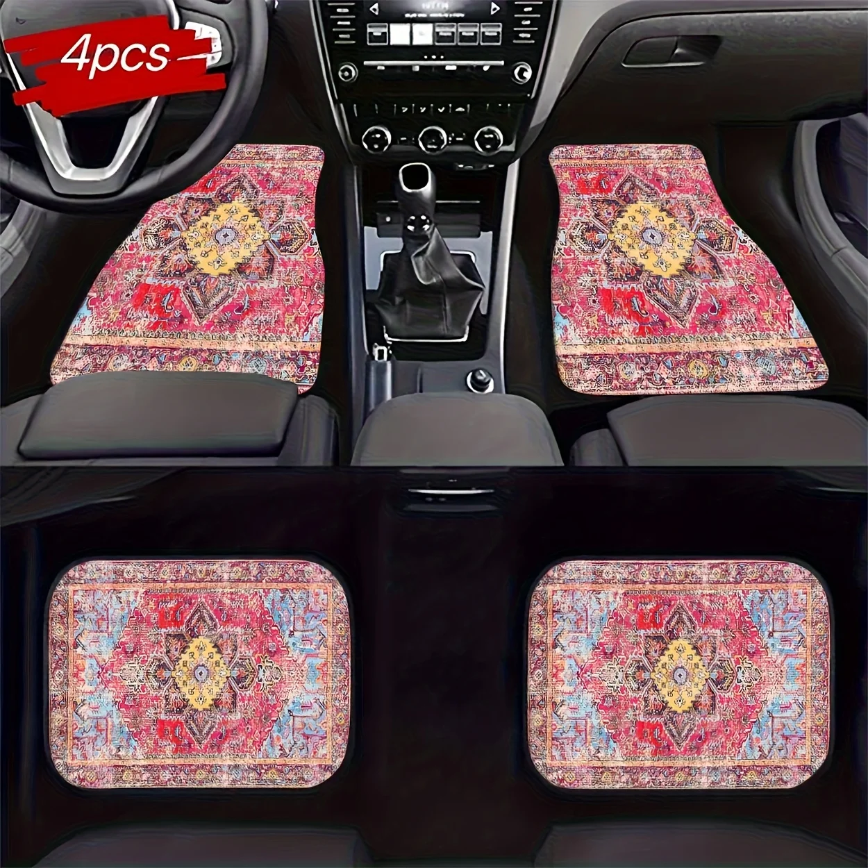 4pcs Universal Car Floor Mats, Pink - Based Retro Pattern, Retro Style Digital Printed Car Floor Mat, Fashionable And Versatile,