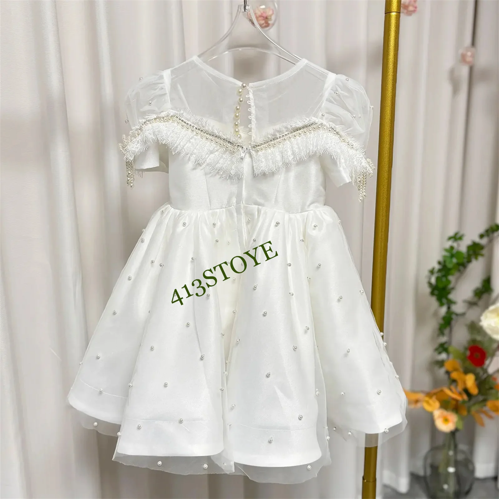 CustomizedElegant White Beaded Girl Dress with Pearls Baby Kids Princess Birthday Wedding Party Children Holiday Ball Gown