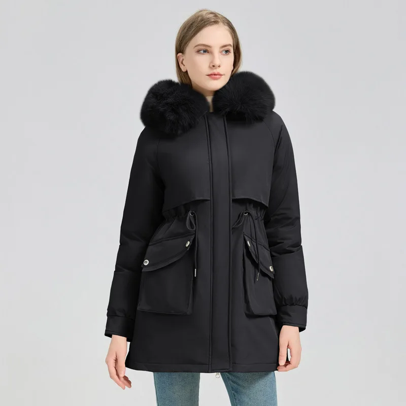 Veelzijdig katoenen gewatteerd damesjack met capuchon, middellange afneembare 2025, wintermodieuze bovenkleding voor dames