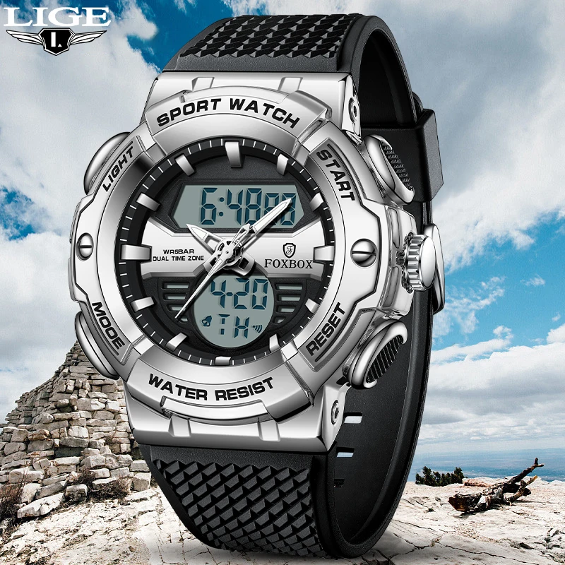 

LIGE Fashion Sports Men Watch 50M Waterproof Luminous Quartz Men Wrist Watches LED Alarm Date Luxury Dual Display Watch For Men