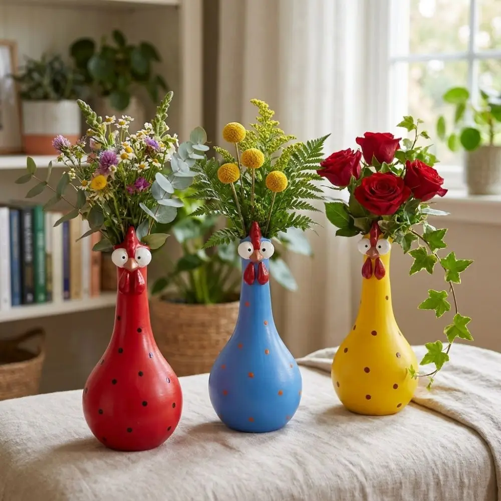 Colorful Dot Long Neck Chicken Vases Lifelike Cartoon Flower Vase Ornament Smooth Waterproof Funny Decorative Vase