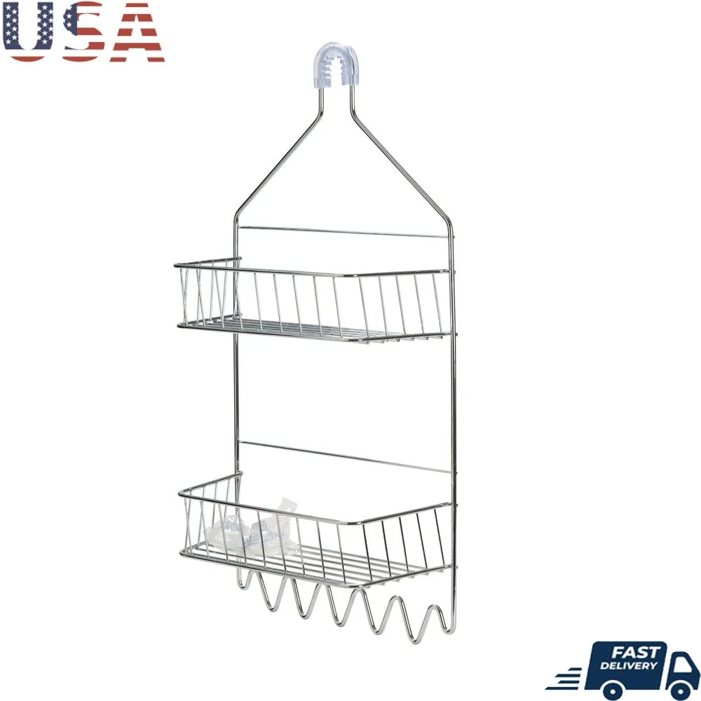 

2 Tier Shower Caddy with Zigzag Hooks Suction Cups Stability Space Saving Bathroom Organizer Over Shower Head Storage