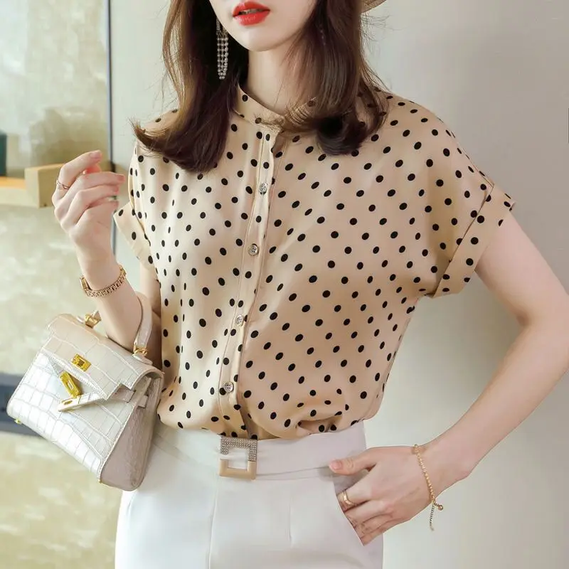 Блузка женская шифоновая в горошек, модная универсальная Свободная рубашка с коротким рукавом, на пуговицах, элегантная офисная одежда, на лето