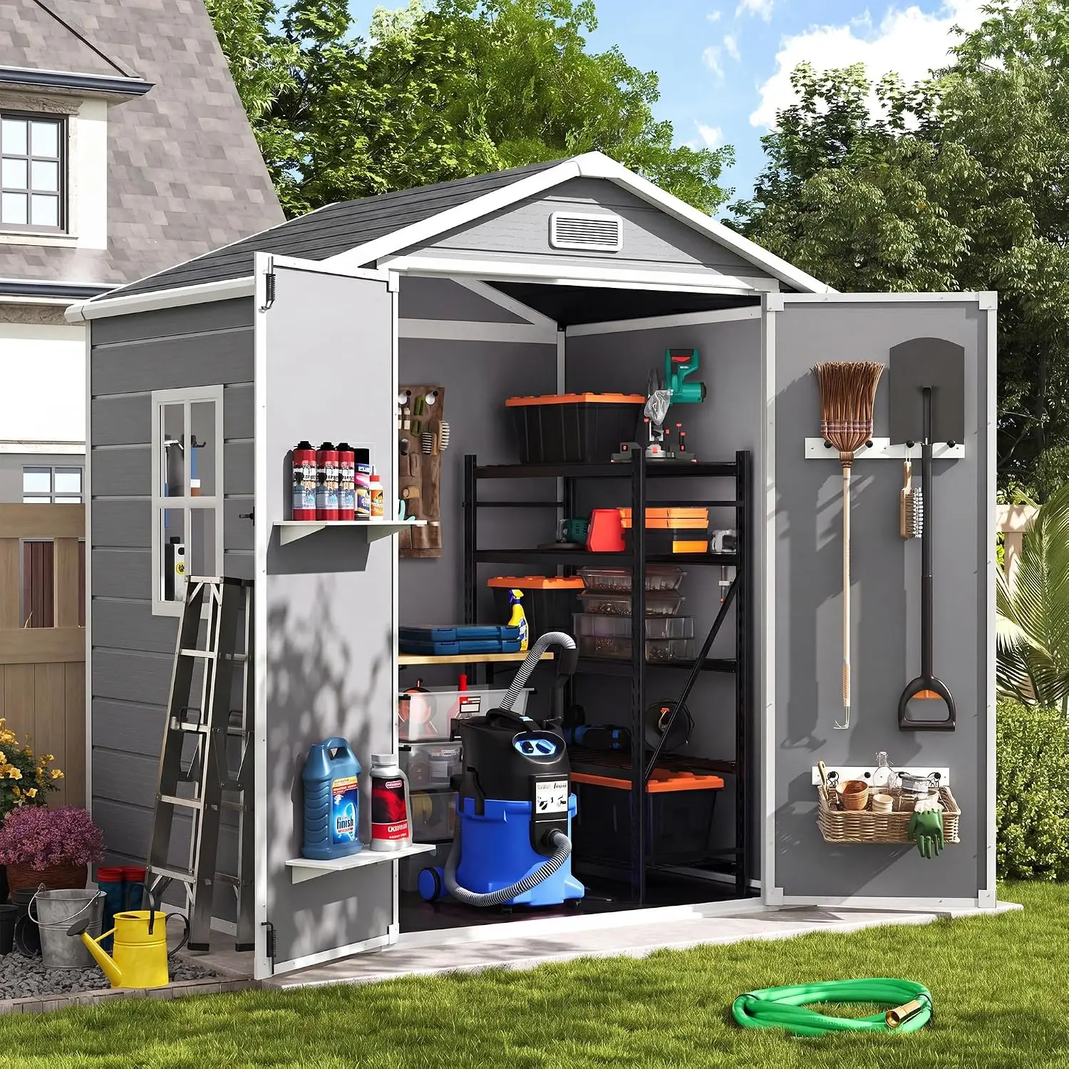 Outdoor Storage Shed 6x4 FT Lockable Plastic with Ventilation Waterproof Resin for Backyard Patio Lawn Grey, Customized