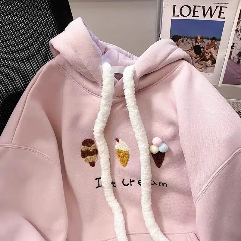 Pink Cartoon Embroidered Hooded Sweatshirt for Women Autumn Winter New Style Velvet Thickened Outer Wear Loose Warm Top Jacket