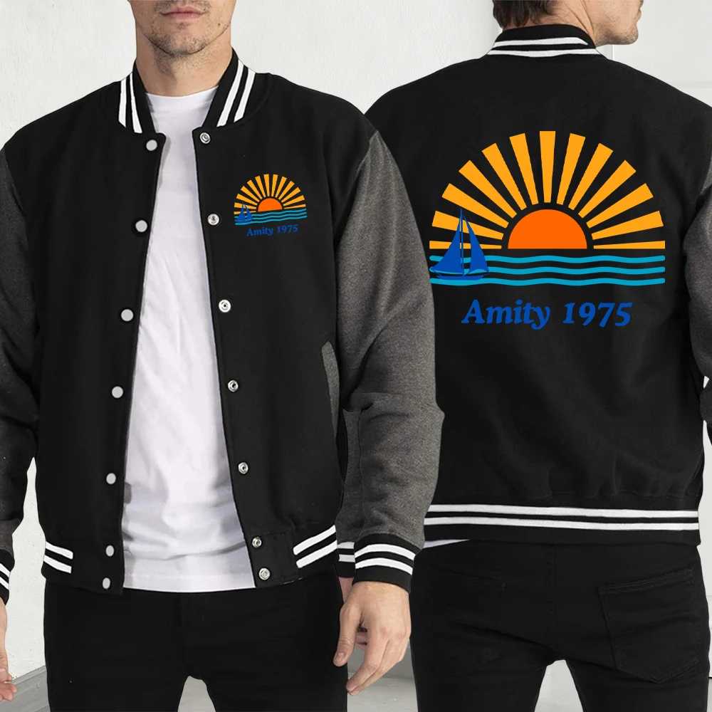 

Amity 1975 Print Men Y2K Menswear Street Clothes Casual Fashion Jacket Fleece Loose Multicolor American All-Match Streetwear