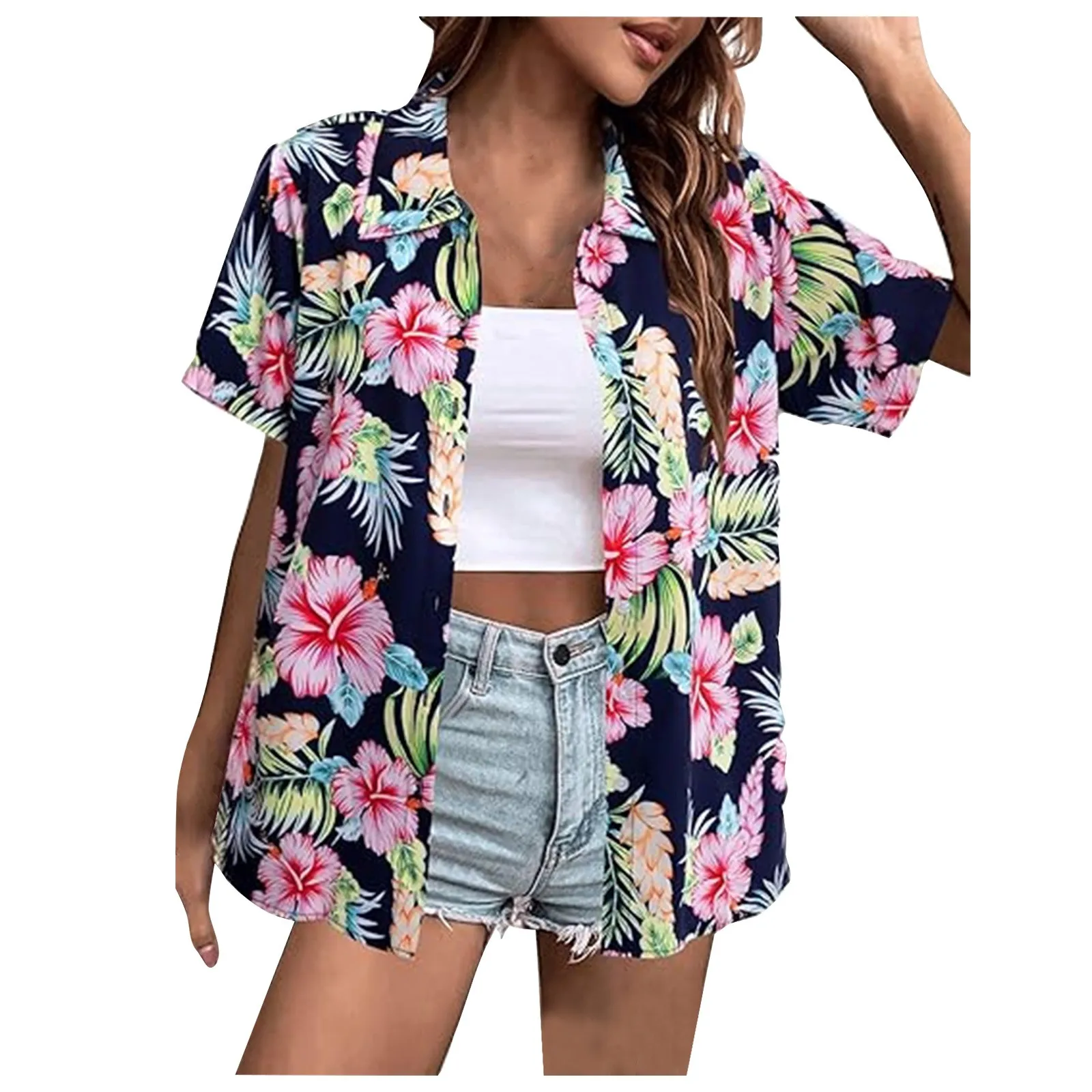 

New Fashionable Short Sleeve Shirts For Women Hawaii Floral 3d Printed Basic Shirts Beach Resort Style Single Breasted Shirts