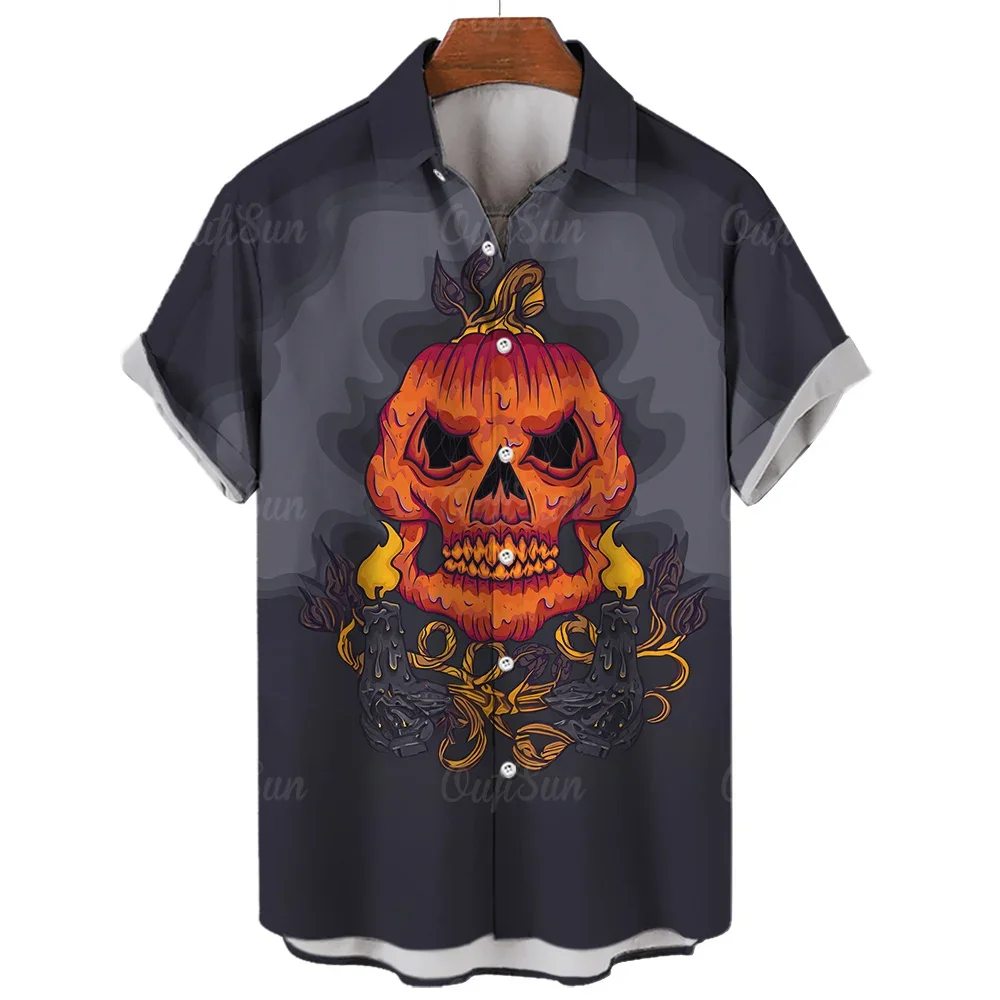 Halloween Jack-O-Lantern Witch Print Men's Shirt Comfortable Casual Men's Fashion Short Sleeve Lapel Top Hawaiian Men's Shirt