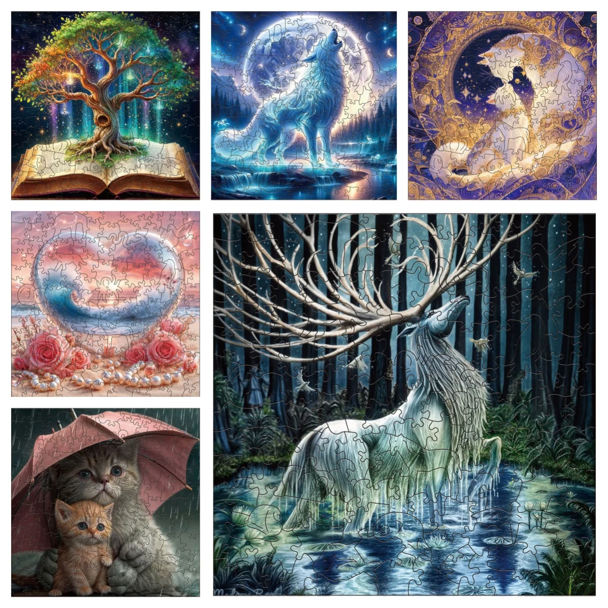 Cat Wolf Elk Tree Forest Love Starry Animals Puzzles Unique Shape High Quality Jigsaw Puzzle Wooden Puzzle Best Gift For Child