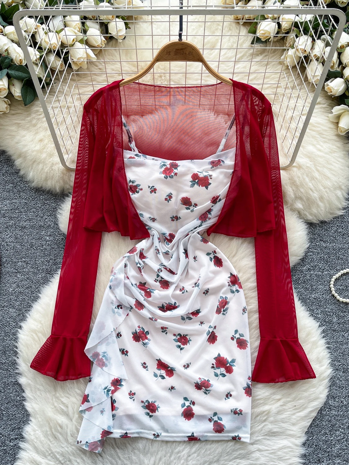 

Dopne Sle Floral Print Dr with Lace Sve Cover up Summer Faion Set for Young Women V Ne Long Sve Dr