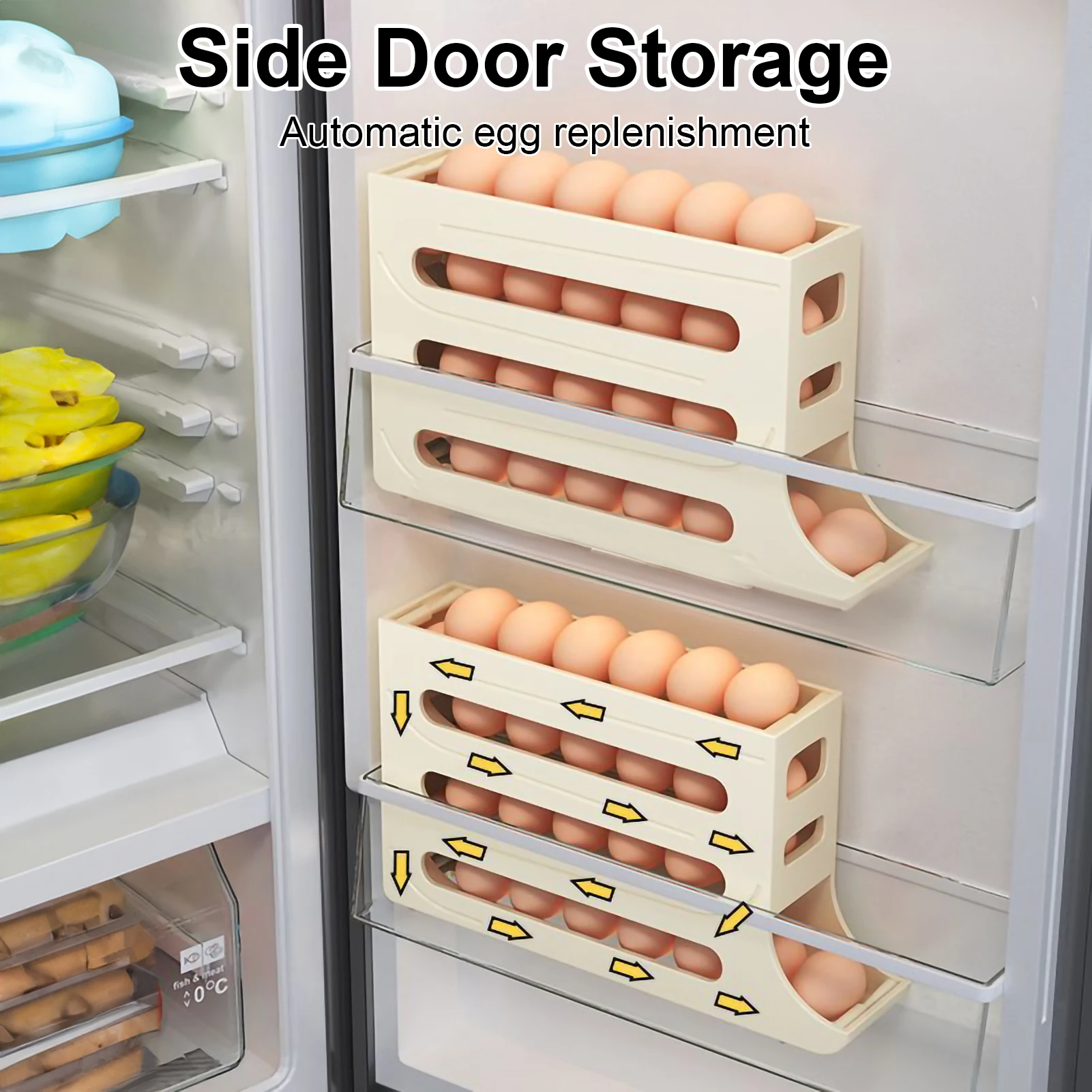 Egg Refrigerator Storage Box Automatic Scrolling Egg Rack Holder Fridge Organizer Large Capacity Eggs Storage Organization Stand