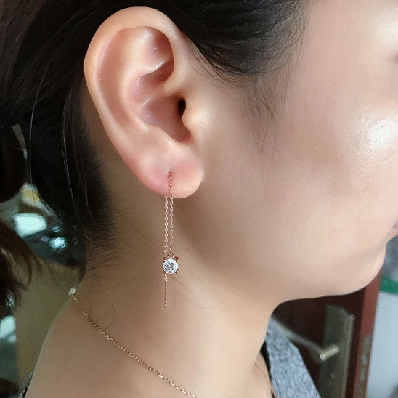 Huitan Rose Gold Color Long Wire Earrings for Women with Dazzling Round CZ Simple Versatile Girl Ear Accessories Fashion Jewelry