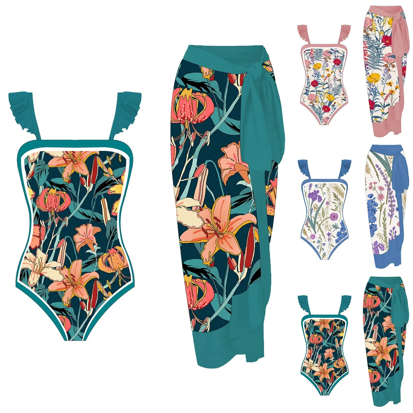 

Women Swimsuit And Cover Up Two Piece Outfits Ethnic Style Vintage Printed Bikini Sets Monokini Sexy Swimwears Tankinis Set