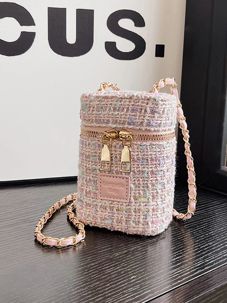 Fashion Mini Bucket Bag Women Autumn Tweed Plaid Print Flap Chain Crossbody Bags and Purse Female Phone Pack Small Square Bags