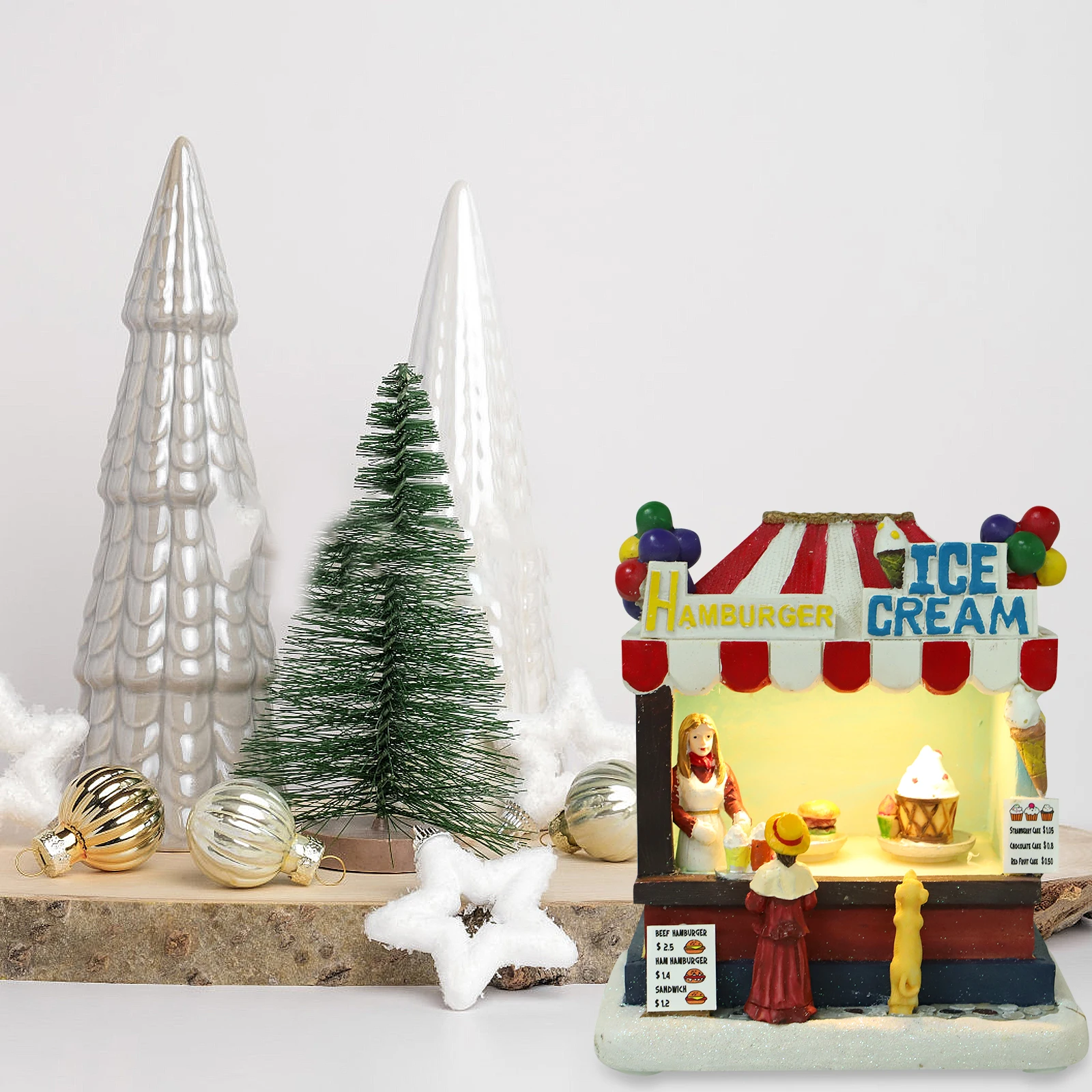 

Resin House Christmas Decor Miniature LED Light Xmas Party Ornament Glowing Model Winter Festive Home Garden