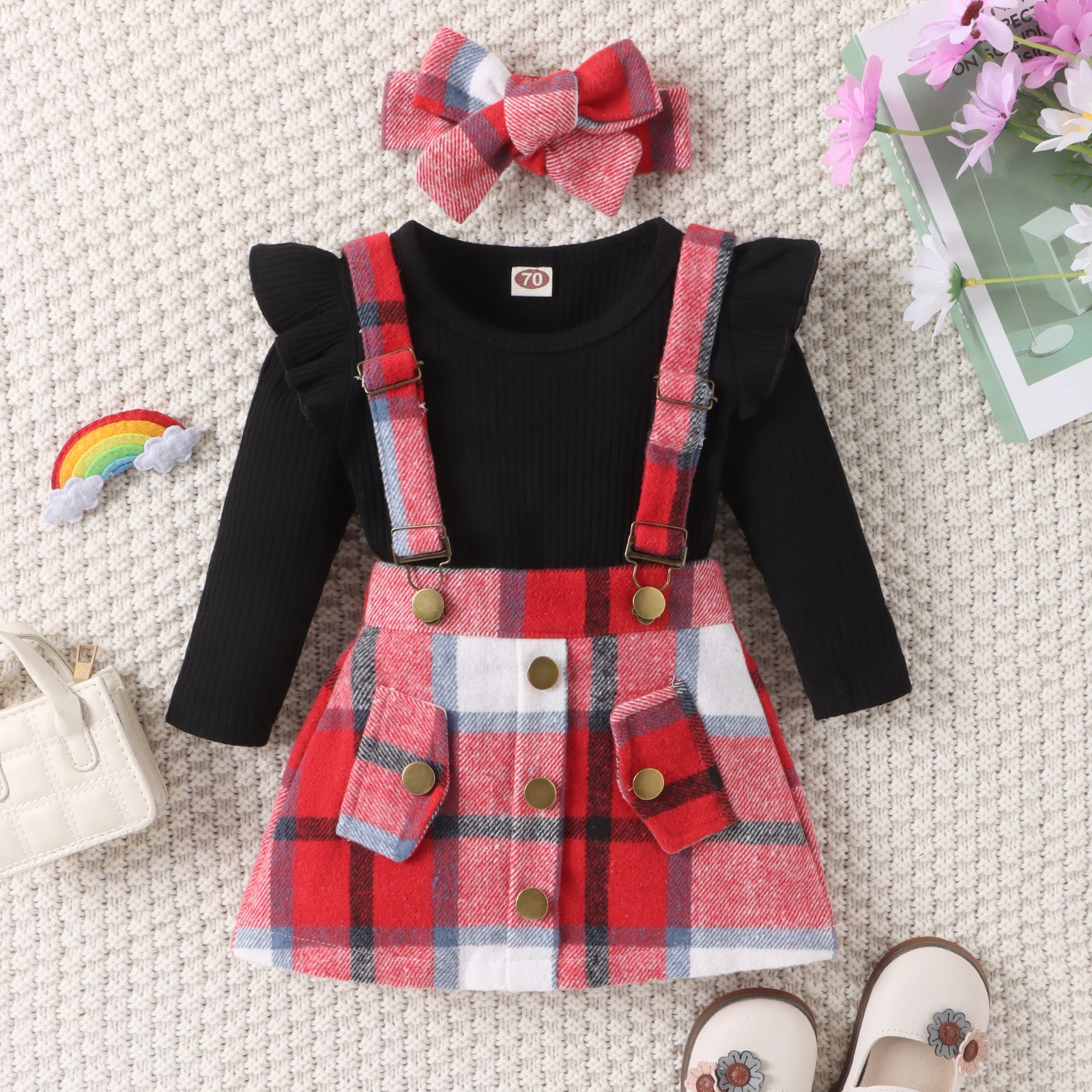 BeQeuewll Baby Girls Fall Outfits Long Sleeve Romper And Plaid Suspender Skirt And Headband Set Newborn Clothes 3 Piece Set