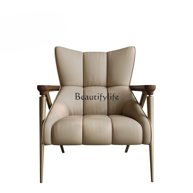 

Italian Minimalist Style Single Sofa Chair Genuine Leather Living Room Black Walnut Light Luxury Balcony Leisure Chair