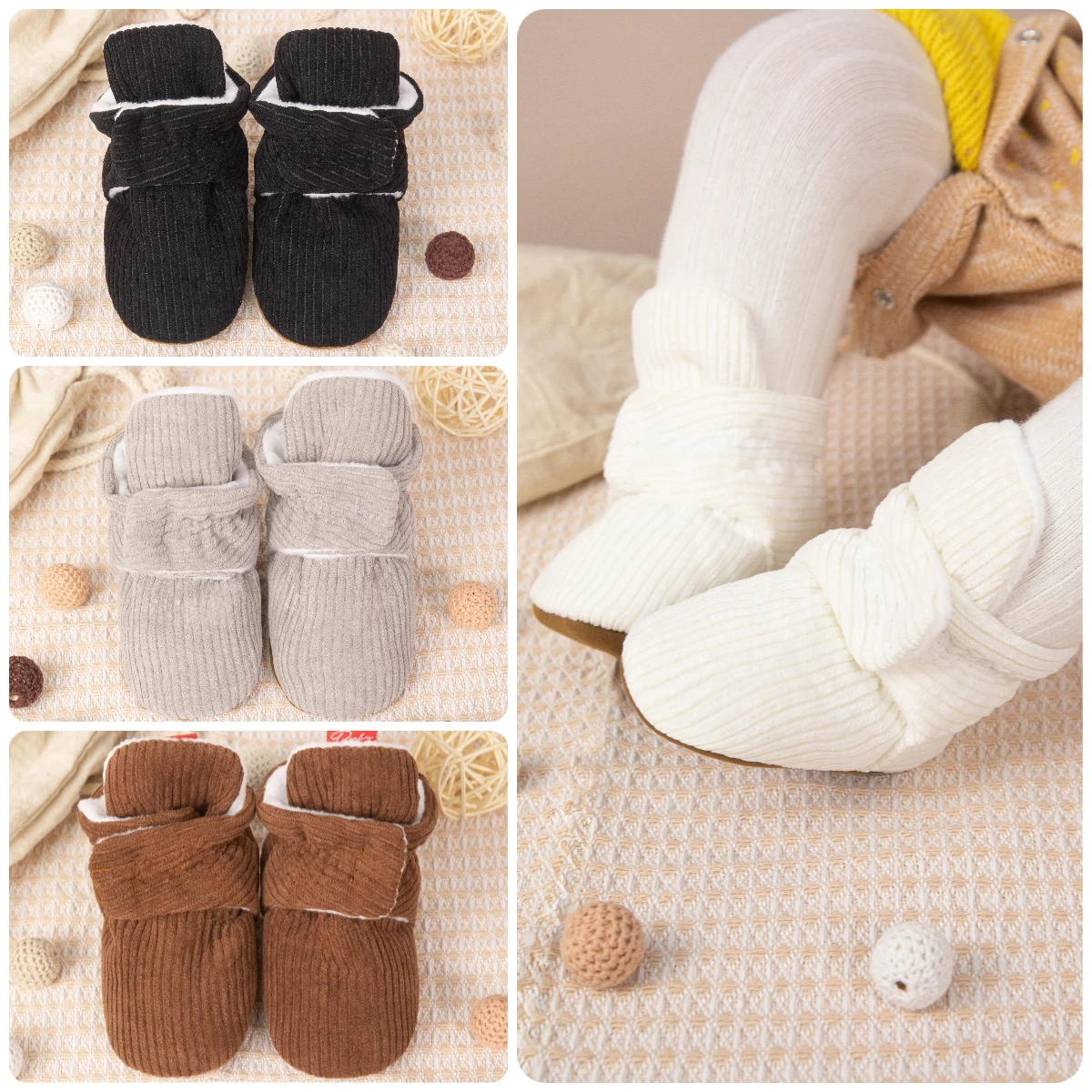 

Autumn Winter Warm Baby Boys Girls Shoes Solid Color Striped Casual Booties Toddler Indoor Cotton Anti-Slip Sole First Walkers