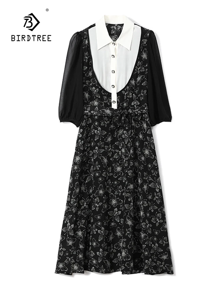 

Birdtree 100%Pure Silk Contrast Color Dress Women's Summer Elegance 2023 New Design Sense Waist Shrinking Long Dress D38611QC