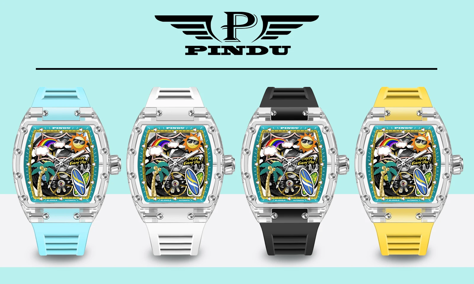 Neue PINDU Uhr mit einzigartigem Zifferblattdesign, mechanische Uhr für Herren, Sommer-Strandmode-Uhr, leuchtend, wasserdicht, mit Harz-Silikonarmband. – Detail 1
