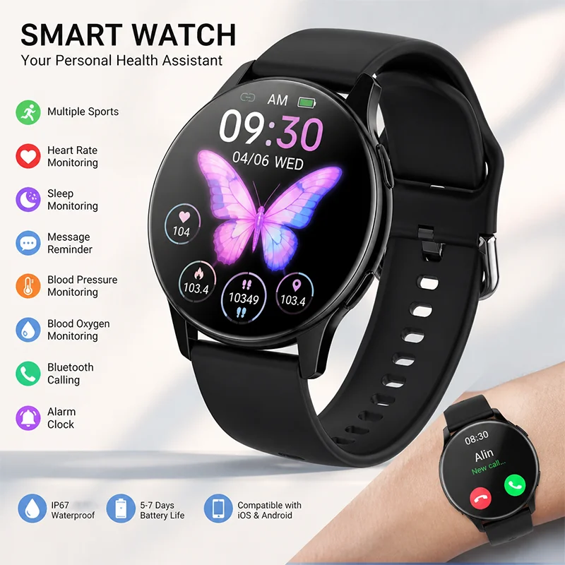 Health Wellness Bracelet - สมาร์ทวอทช์รุ่นใหม่สำหรับผู้ชายและผู้หญิง วัดอัตราการเต้นของหัวใจ หน้าจอ HD แบตเตอรี่ใช้งานได้นาน กันน้ำ