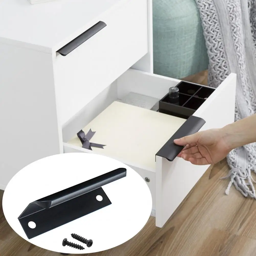 Hidden Drawer Handle Curved Design Aluminium Alloy Black Concealed Finger Edge Pull Handle with Screws for Kitchen Cabinet