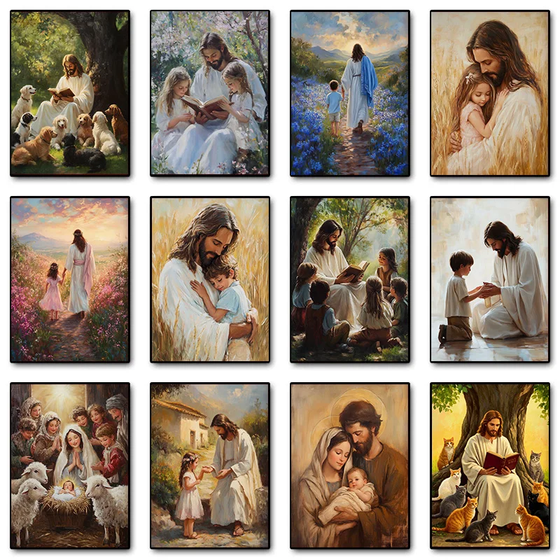 Christian Jesus Mother Mary Holy Family Children Reading Bible Poster Print Wall Art Pictures Canvas Painting Room Home Decor