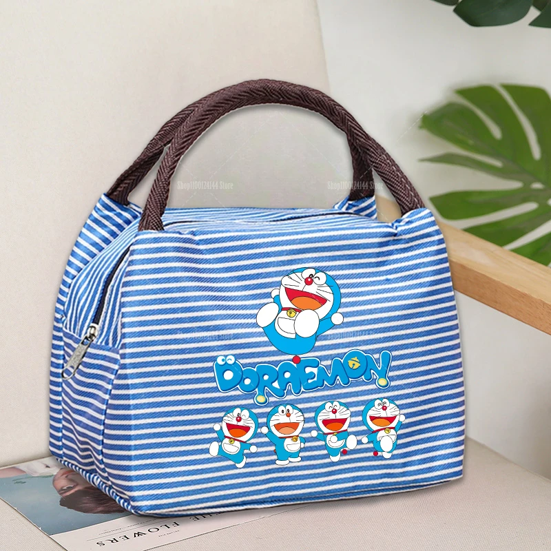 Cute Doraemons Women Men Multi-Color Portable Square Lunch Bag Washable Striped , Reusable Leak Poof Insulation Tote Bento Bag view 4