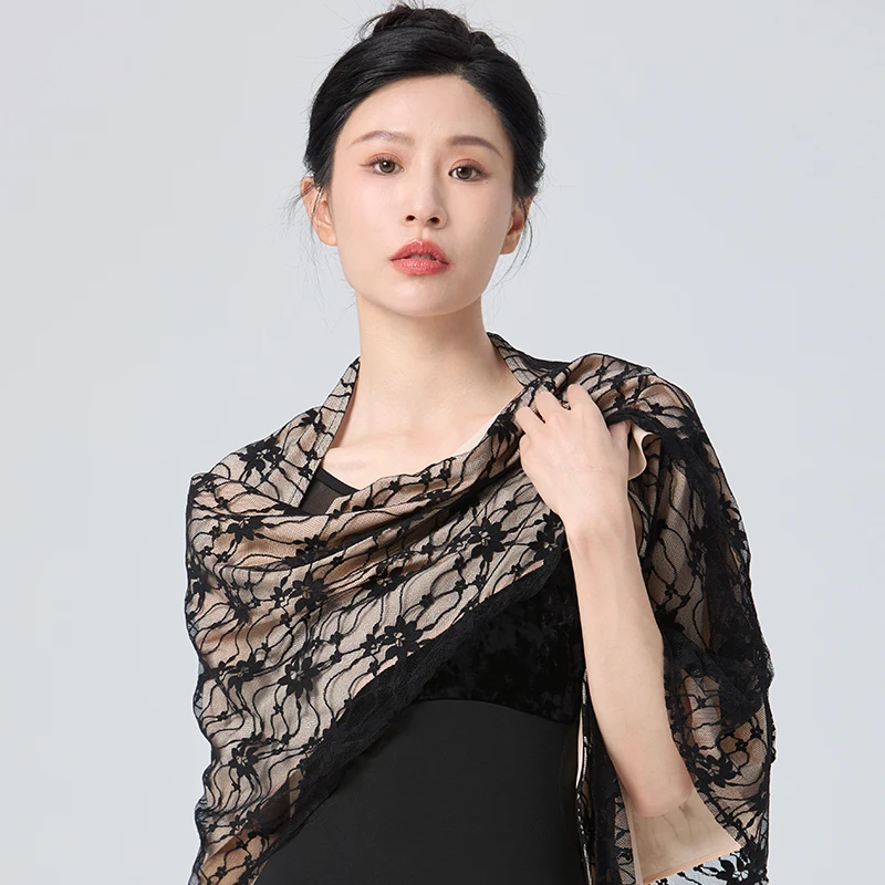 Women Ballet Dance Tops Adults Cape Coat Ballet Tops Retro Lace Chiffon Two-tone Shawl Skirt