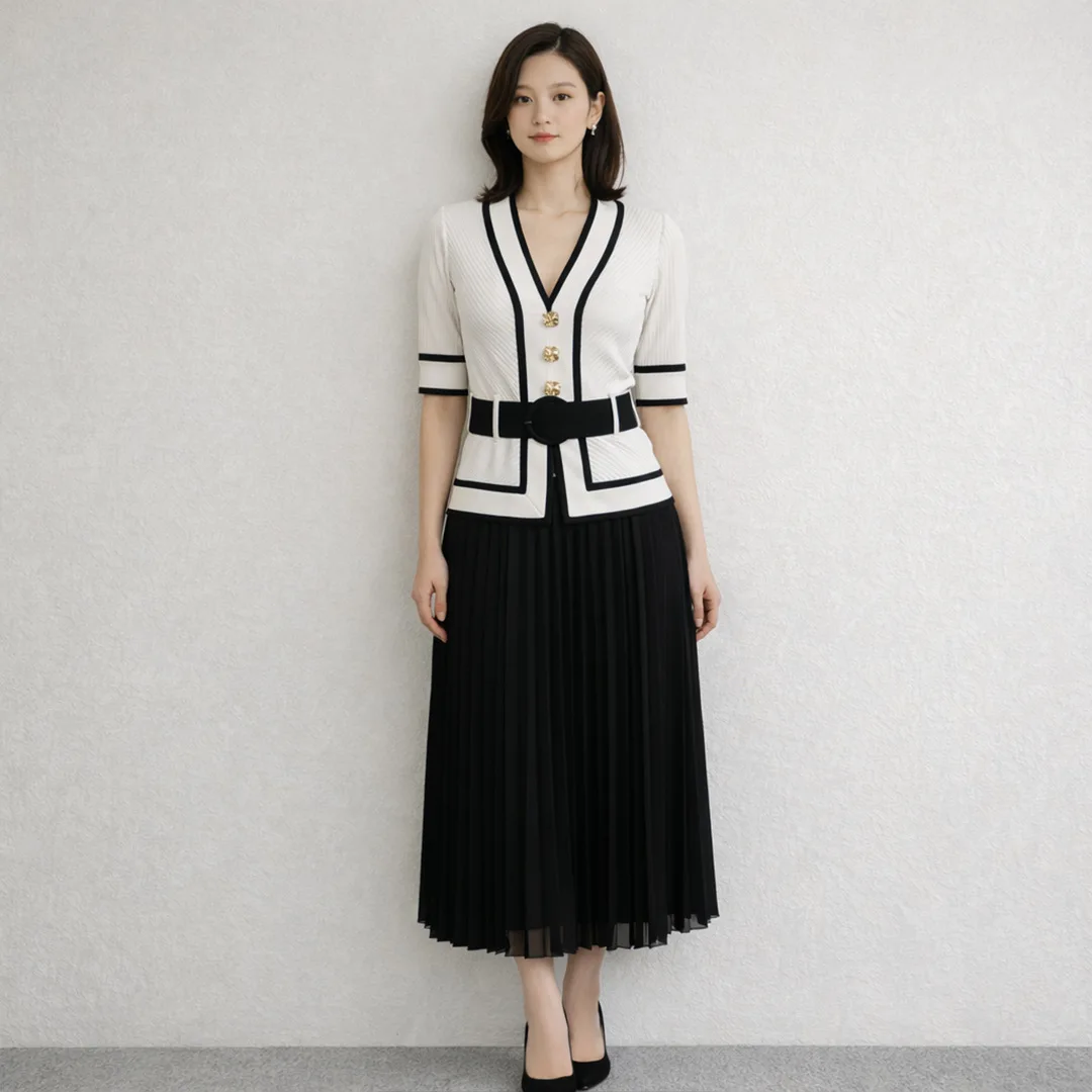 Black And White Contrast V-neck Bandage Dress Slimming Pleated Dress Belt Half Sleeve Gold Buttons Embellished Office Lady Dress