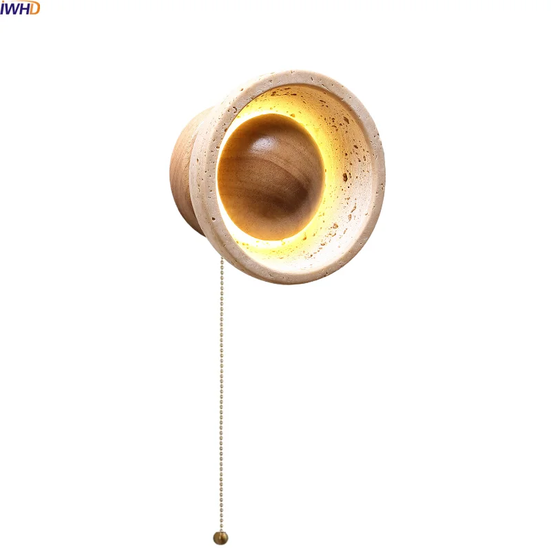 

IWHD Interior Japan style LED Wall Lamp With Switch Wood Yellow Travertine Wall Home Decoration Items Stair Light Lampara Pared