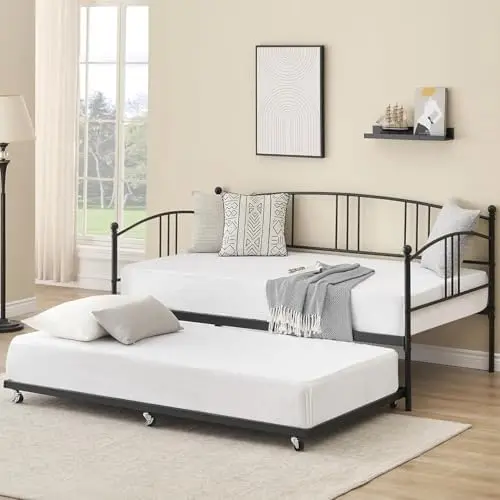 Twin Daybed with Trundle, Metal Twin Size Daybed with Pullout Trundle 6 Casters, Steel Slat Support Sofa Bed for Living