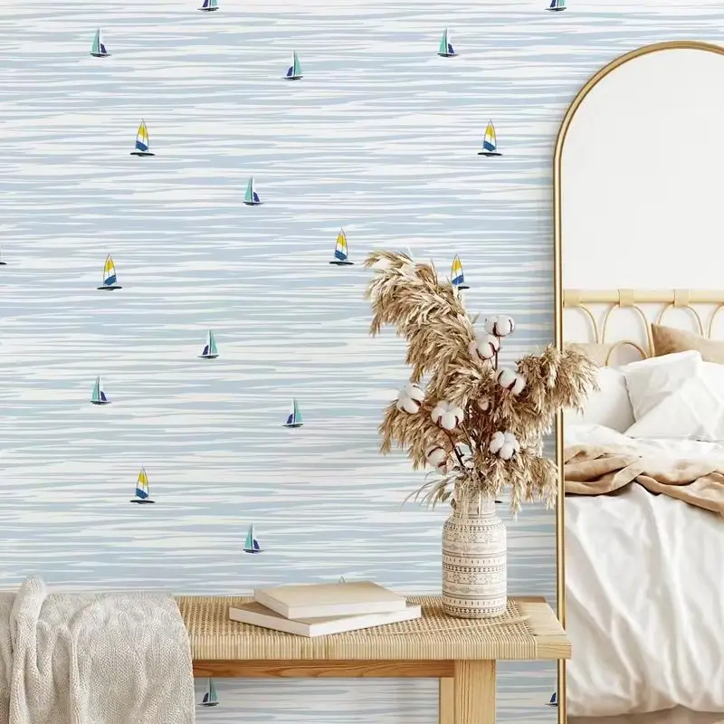 Nautical Blue Sailboat Wallpaper Peel and Stick,Blue Color Wall Mural For Bathroom Decoration,Self-adhesive Or Traditional Paper