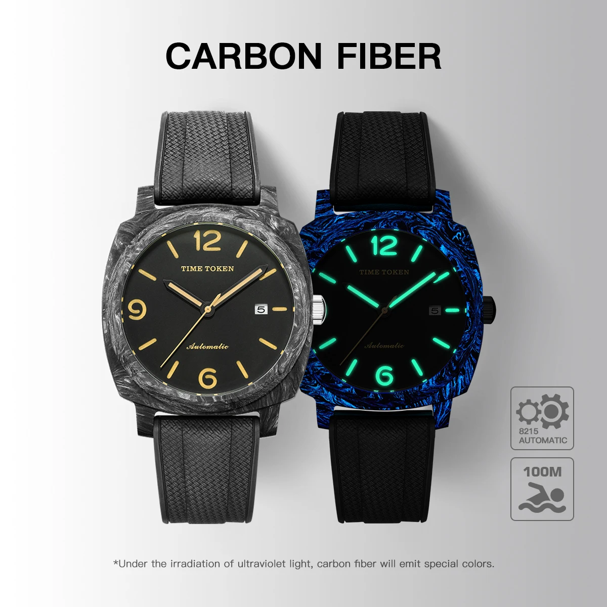 TIME TOKEN Ultra Light Carbon Fiber Watch Japan MIYOTA 8215 10Bar Waterproof Luxury Diver Watch Luminous Calendar Wristwatch